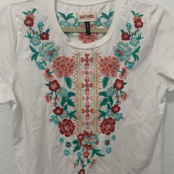 Driftwood Boho Floral Embroidered Classic Tee Short Sleeve Shirt - Picture 2 of 9
